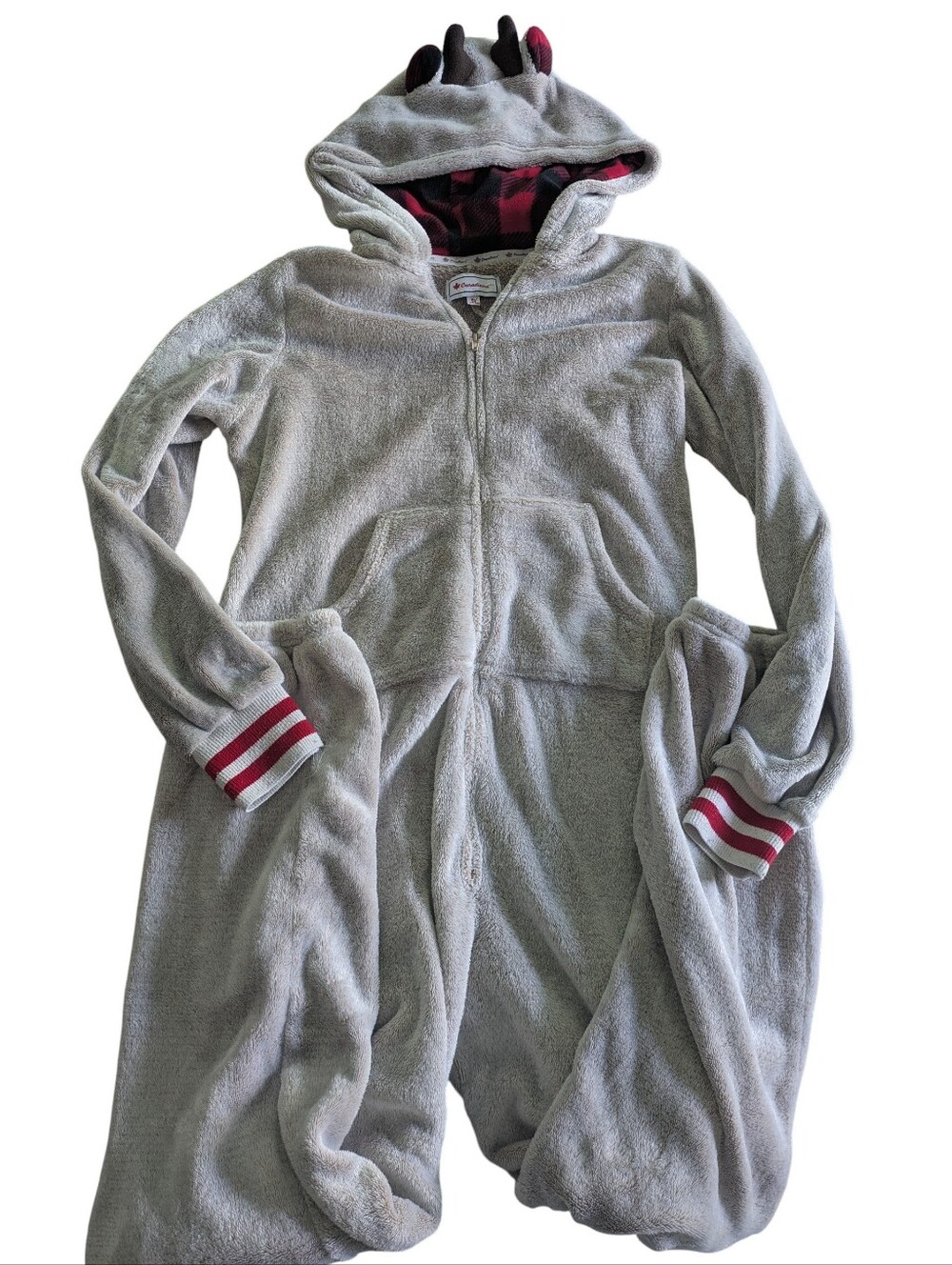 Kids Plush Hooded Onesie in Light Gray with Red Trim